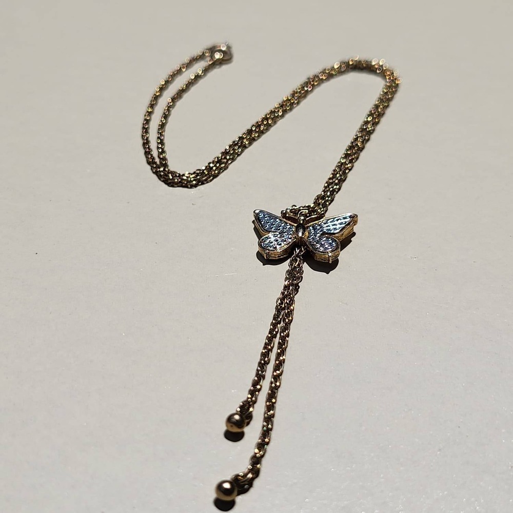 Vintage Avon Gold Tone Butterfly Lariat Necklace Blue White Adjustable Slide - Picture 9 of 10